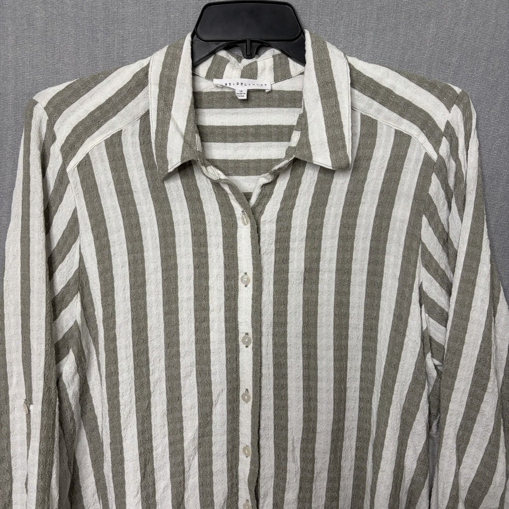 Jane + Delancey Striped Button Down Long Sleeve Shirt Green Roll Tab Tunic Gauze - Picture 2 of 4